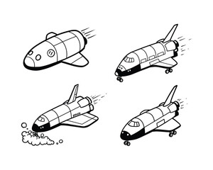 Collection of four hand drawn black and white illustrations of space shuttles and a capsule in various dynamic poses and stages of flight