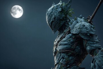 Fantasy character standing as a protector of nature. A powerful plant warrior wearing leaf armor in the moonlight