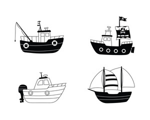 Collection of four hand drawn black and white illustrations of different types of boats and ships on a white background