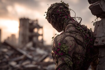 Nature reclaiming a destroyed urban landscape. A humanoid figure, covered in vines and flowers, stands amidst crumbling buildings and debris