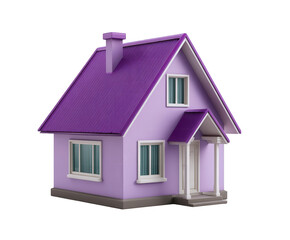 A charming purple house with a textured roof and whitetrimmed windows, isolated on a transparent background, representing homeownership and real estate