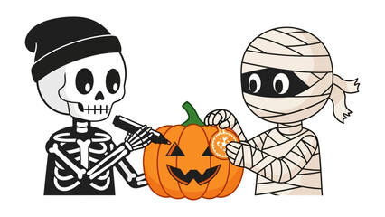 Halloween Pumpkin Carving: A whimsical Halloween scene depicts a skeleton and a mummy collaborating to carve a festive pumpkin. This artwork captures the playful essence of the holiday.