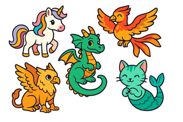 Fototapeta premium Mythical fantasy creatures including a unicorn, dragon, phoenix, griffin, and mermaid cat character designs
