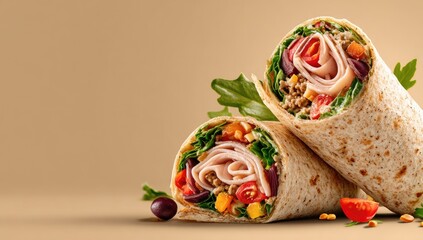 Two savory wraps, partially unwrapped, showcasing sliced deli meat, chopped vegetables (tomatoes, peppers), and a seasoned ground meat mixture.  Arugula garnish, against a muted brown backdrop
