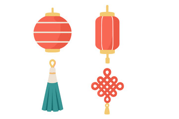 Traditional Chinese New Year decorations featuring red lanterns, a decorative knot, and a tassel for festive celebrations
