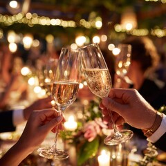Close up people hands toasting with champagne glasses in a party.