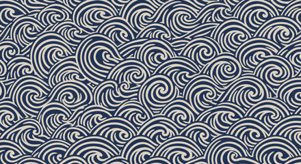 Blue and beige wave pattern seamless curves flow across the frame