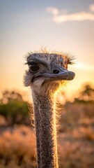 Close-up of an ostrich at sunset