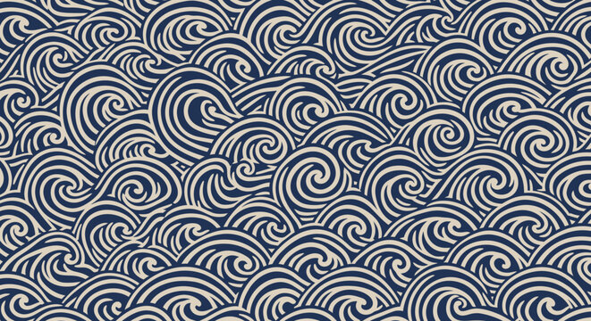 Blue and beige wave pattern seamless curves flow across the frame