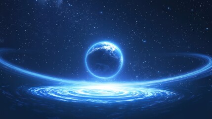 Celestial sphere glowing blue planet surrounded by cosmic energy in space