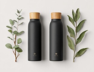 Two sleek, matte black bottles with bamboo lids, positioned symmetrically on a white background, flanked by sprigs of eucalyptus and olive branches.  Minimalist product shot
