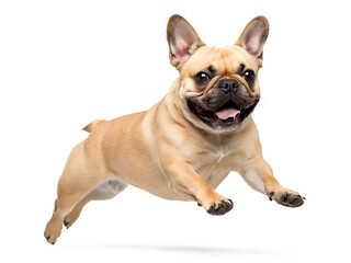 Fototapeta premium A fawn french bulldog mid air with its tongue out and ears perked up on a white background in studio shot