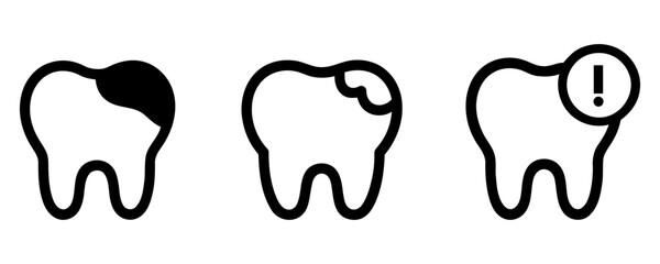 Dental health icons showing decay and warning signs. tooth icons set