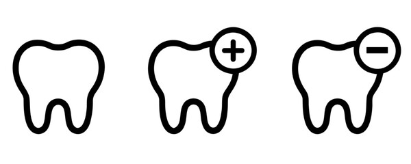 Tooth icons with plus and minus symbols. dental implant with tooth