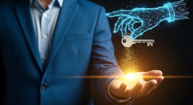 Businessman receiving a digital key from a futuristic holographic hand