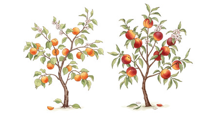 Two trees displaying abundant orange fruit and blossoming flowers, a symbol of nature's bounty.