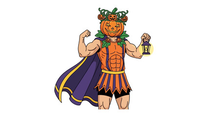 Jack-o'-lantern Hero's Pose: A muscular character with a pumpkin head and a lantern embodies the essence of Halloween, standing in a powerful hero pose.