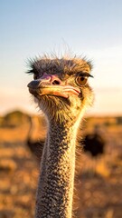 Close-up of an ostrich's head and neck at sunset