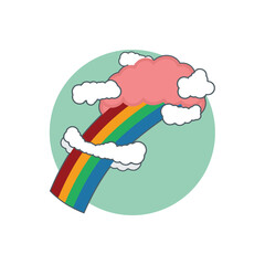 A whimsical illustration of a vibrant rainbow emerging from a fluffy pink cloud, adorned with small white clouds, set against a teal circular background, isolated on transparent background
