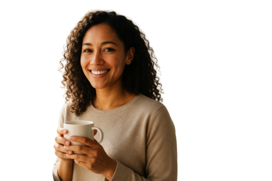 Happy young woman with curly hair holding a white mug, closeup style on a white background, concept of warmth and comfort. Ai generative