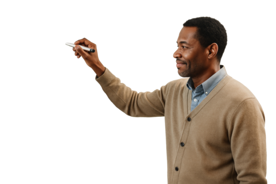 Smiling man writing with pen in air, isolated on white background, closeup style, concept of planning, teaching, creativity. Ai generative