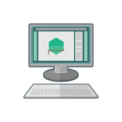 Computer monitor and keyboard displaying graphic design software with a hexagon shape being edited, isolated on transparent background