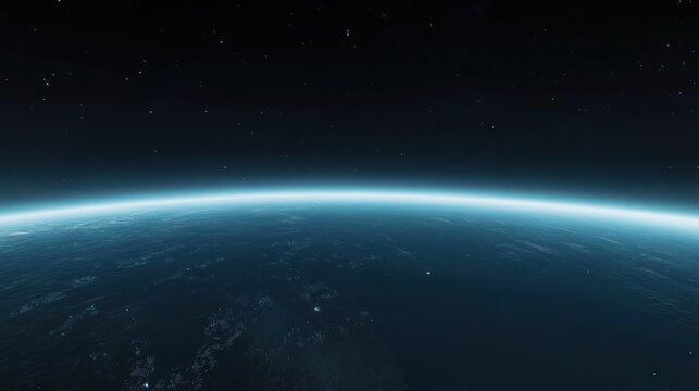 Earth from space blue planet in night sky with illuminated atmosphere