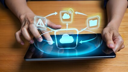 Hands interacting with a digital interface displaying cloud data flow and connections