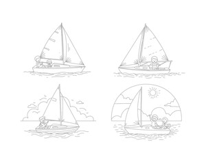 Four hand drawn sketch illustrations of sailboats on water showing different angles and perspectives of sailing vessels