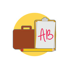 A brown briefcase, a clipboard with ab written on it, and a yellow pencil isolated on transparent background