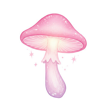 Glowing pink mushroom with watercolor stars illustration isolated on white background