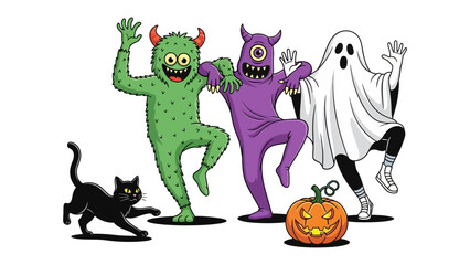 Halloween Celebration: A trio of spooky characters &ndash; monster, ghost, and pumpkin &ndash; celebrates Halloween, exuding spooky and fun mood.