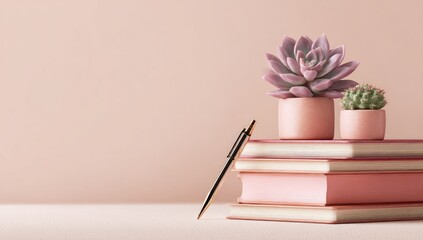 Two small succulents in pink pots rest atop a stack of pink notebooks, with a pen lying beside them against a pale pink background