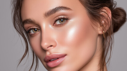 Fototapeta premium Close up of young woman with glowing skin and natural makeup, showing smooth complexion and soft expression with light brown hair tied back