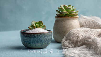 Two small potted succulents flank a bowl of coarse salt crystals on a teal surface, partially obscured by a linen cloth.  The scene evokes calm and serenity