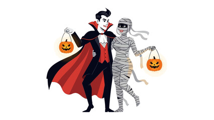 Halloween Duo: In a vibrant illustration, a distinguished vampire and a captivating mummy, each clutching a glowing jack-o'-lantern, embark on a festive Halloween adventure together.