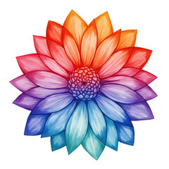 Fototapeta premium Watercolor dahlia with gradient petals in red, orange, pink, purple, blue, and teal isolated on white background