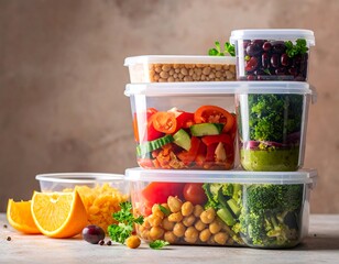 Colorful meal prep containers filled with various healthy foods