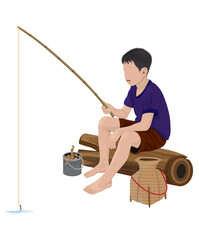 A country boy is sitting and fishing.Cartoon character vector design