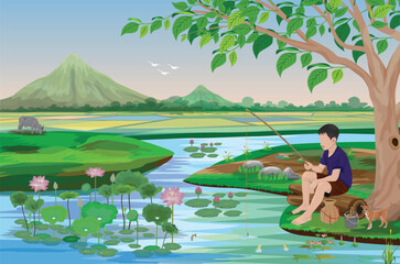 A country boy herding cattle sits under a tree, fishing on the bank of a canal.