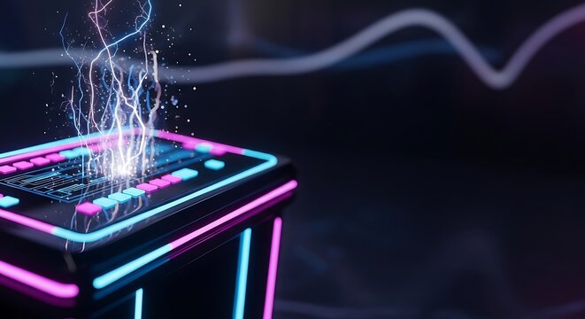 A futuristic high-tech machine with glowing pink and blue neon lights emitting a powerful electrical energy burst.