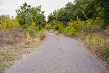 An autumn narrow, paved road winds through a landscape of dry grasses under an overcast sky.