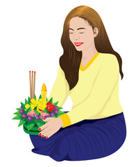 woman cartoon shape with flower krathongs vector design