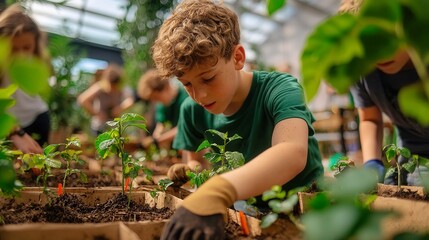 Child exploring soil in garden, young boy engaged in planting activities, surrounded by greenery and nature's textures.