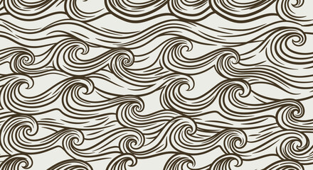 Brown, stylized waves and swirls repeat against a light, neutral background
