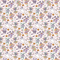 Happy halloween party seamless pattern background with little puppy dog wearing halloween costume, spooky pumpkin and smiling bat. Holidays cartoon character. -Vector
