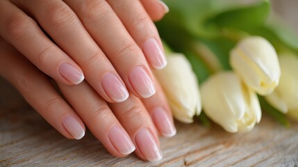 Hands with French manicure rest near white tulips on rustic wood surface