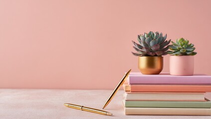Two succulents in gold and blush pots rest atop a stack of pastel-colored books; a gold pen lies beside.  The scene is set against a pale pink background