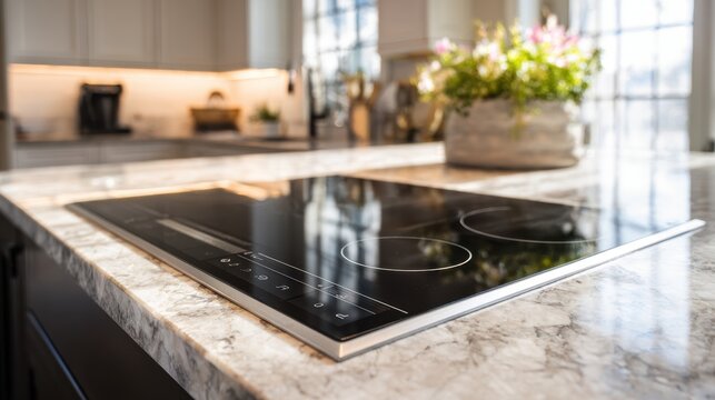 Close medium shot of a slidein induction cooktop integrated into a countertop highlighting the precise touch controls with surrounding kitchen details gently out of focus.