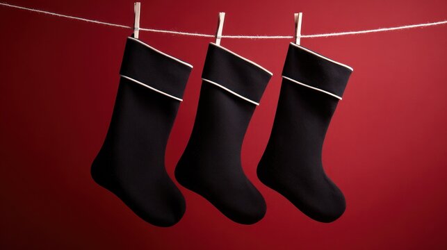 Three black stockings hanging from a clothesline, red textured background